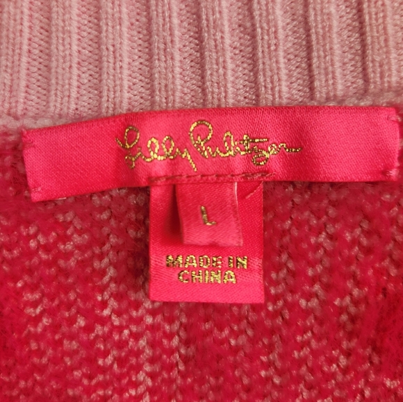 Lilly Pulitzer Cozy Fuzzy Preppy Heart Print Keane Cardigan Sweater Pink Large - Picture 14 of 16